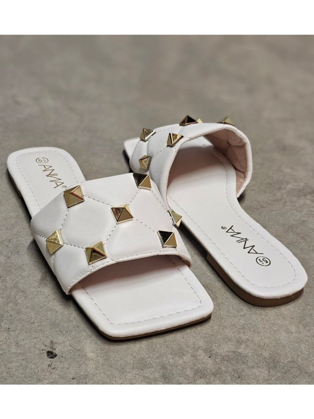 White Studded Slide Sandals With Quilted Strap Design Square Toe Womens